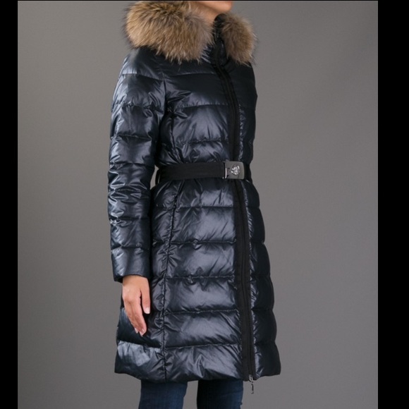 Moncler Long Coat Fur Trim Belted Black and Free Silk Face Mask - Picture 6 of 14